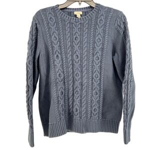 LL Bean Cable Knit Sweater Women's Size Large Pullover Crew Neck Blue Cotton